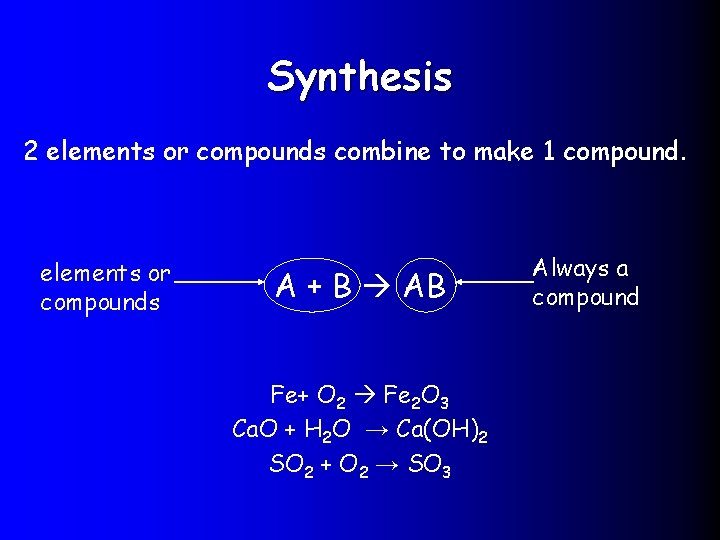 Synthesis 2 elements or compounds combine to make 1 compound. elements or compounds A