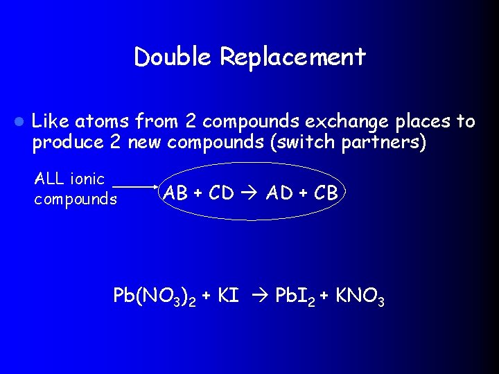 Double Replacement l Like atoms from 2 compounds exchange places to produce 2 new