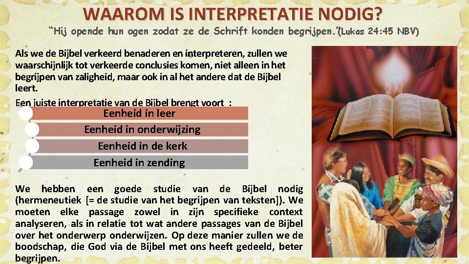 WAAROM IS INTERPRETATIE NODIG? “Hij opende hun ogen zodat ze de Schrift konden begrijpen.