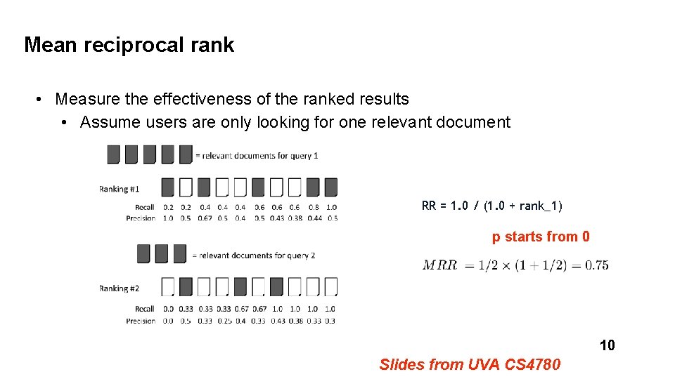Mean reciprocal rank • Measure the effectiveness of the ranked results • Assume users