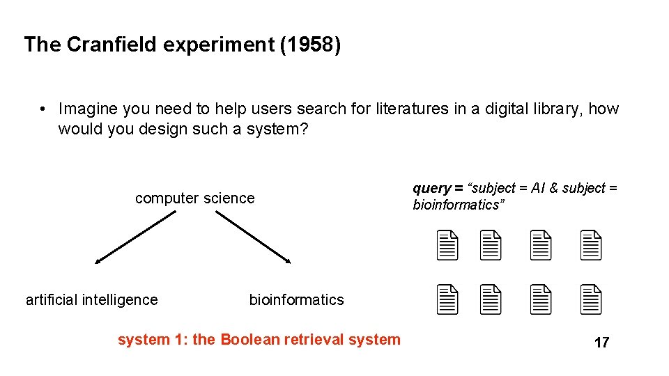 The Cranfield experiment (1958) • Imagine you need to help users search for literatures