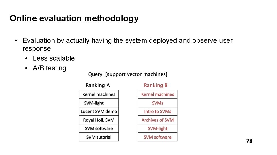 Online evaluation methodology • Evaluation by actually having the system deployed and observe user