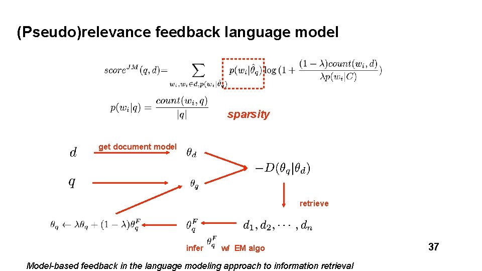 (Pseudo)relevance feedback language model sparsity get document model retrieve infer w/ EM algo Model-based