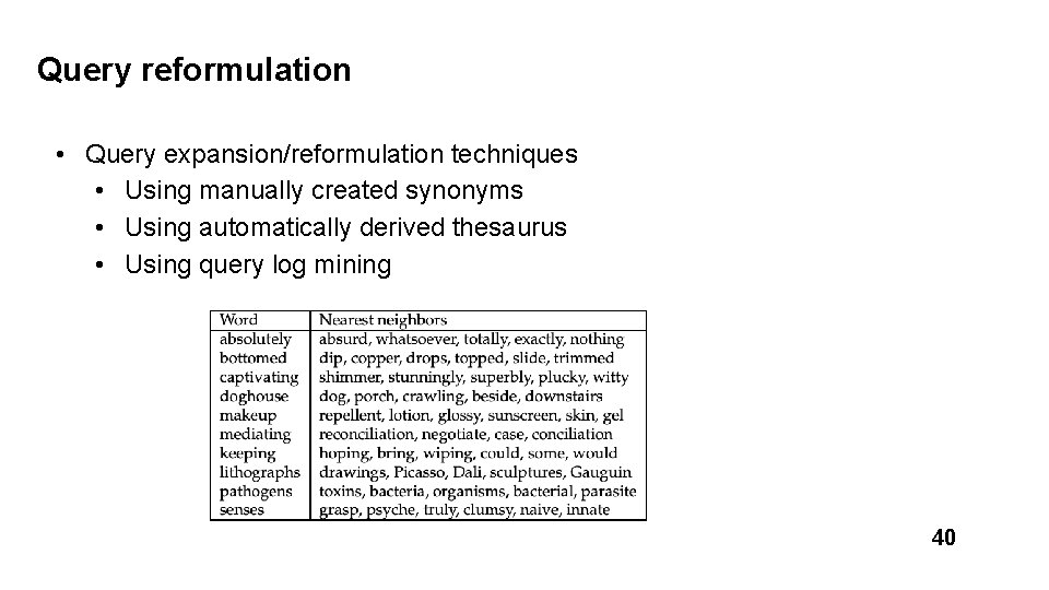 Query reformulation • Query expansion/reformulation techniques • Using manually created synonyms • Using automatically