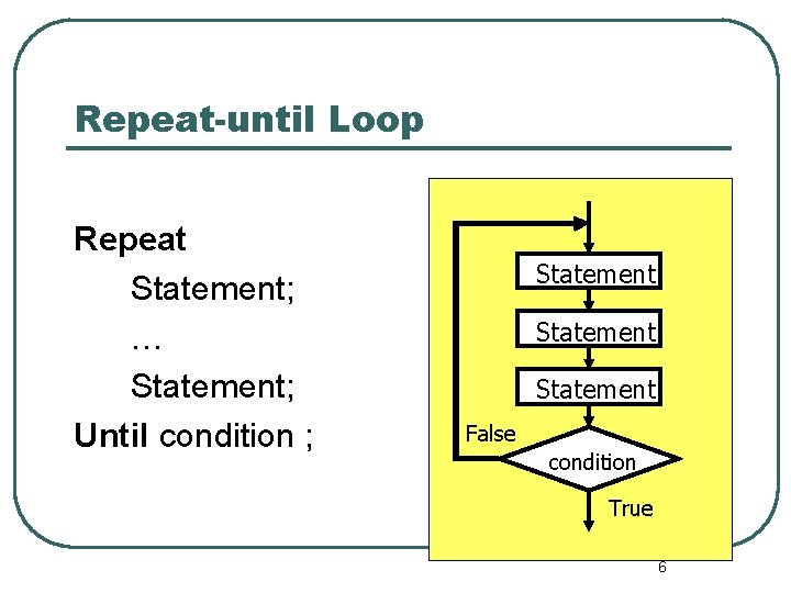 Repeat-until Loop Repeat Statement; … Statement; Until condition ; Statement False condition True 6