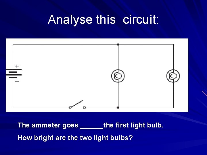 Analyse this circuit: The ammeter goes ______the first light bulb. How bright are the