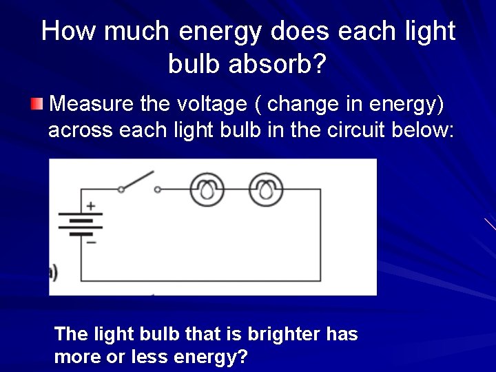 How much energy does each light bulb absorb? Measure the voltage ( change in