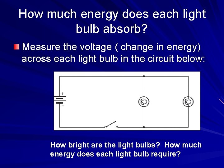 How much energy does each light bulb absorb? Measure the voltage ( change in