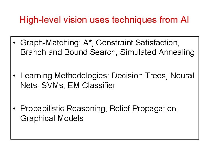 High-level vision uses techniques from AI • Graph-Matching: A*, Constraint Satisfaction, Branch and Bound High-level vision uses techniques from AI • Graph-Matching: A*, Constraint Satisfaction, Branch and Bound