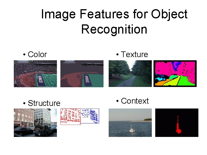 Image Features for Object Recognition • Color • Texture • Structure • Context Image Features for Object Recognition • Color • Texture • Structure • Context