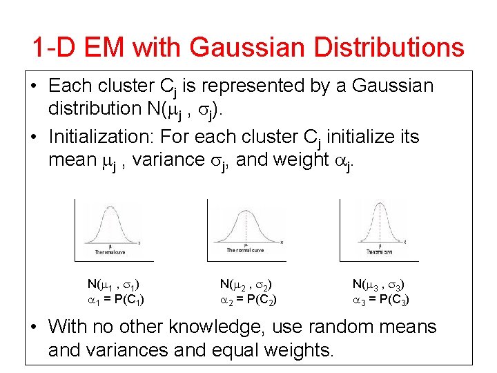 1 -D EM with Gaussian Distributions • Each cluster Cj is represented by a 1 -D EM with Gaussian Distributions • Each cluster Cj is represented by a