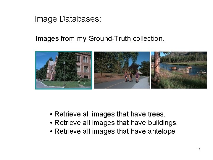 Image Databases: Images from my Ground-Truth collection. • Retrieve all images that have trees. Image Databases: Images from my Ground-Truth collection. • Retrieve all images that have trees.