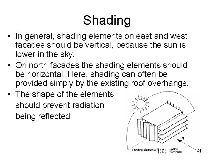 Shading • In general, shading elements on east and west facades should be vertical,