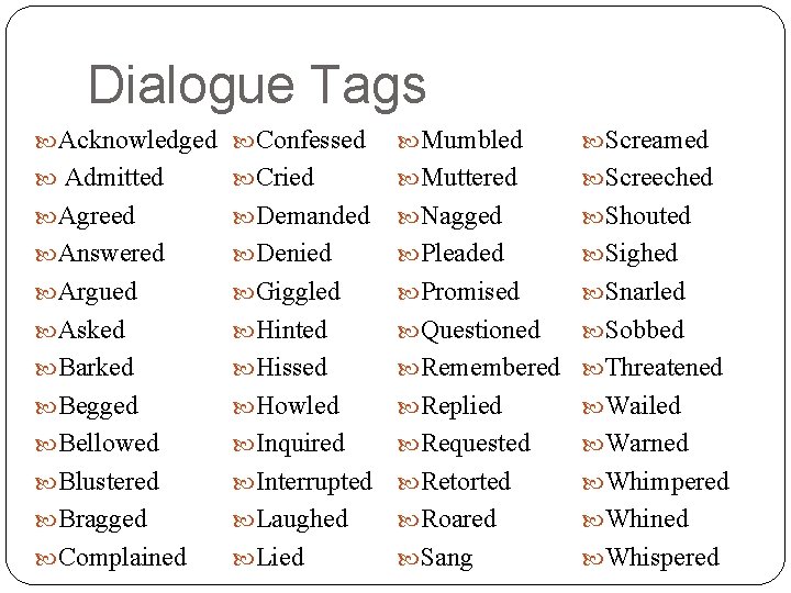 Dialogue Tags Acknowledged Confessed Mumbled Screamed Admitted Cried Muttered Screeched Agreed Demanded Nagged Shouted