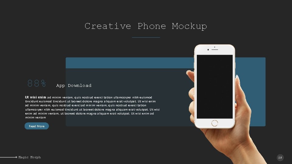 Creative Phone Mockup 88% App Download Ut wisi enim ad minim veniam, quis nostrud