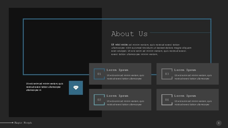 About Us Ut wisi enim ad minim veniam, quis nostrud exerci tation ullamcorper nibh About Us Ut wisi enim ad minim veniam, quis nostrud exerci tation ullamcorper nibh