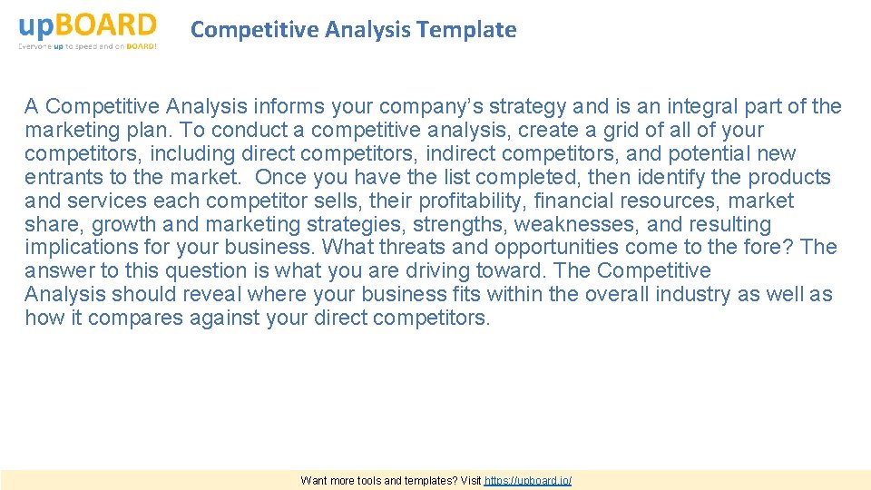 Competitive Analysis Template A Competitive Analysis informs your company’s strategy and is an integral