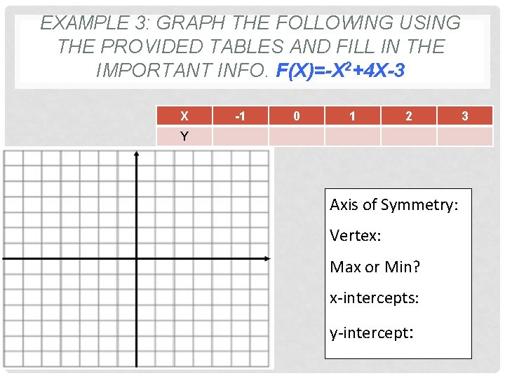 EXAMPLE 3: GRAPH THE FOLLOWING USING THE PROVIDED TABLES AND FILL IN THE IMPORTANT