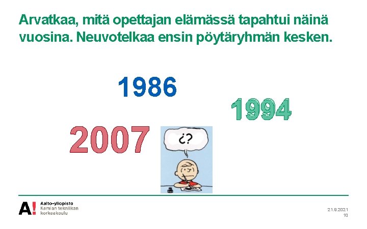 Arvatkaa, mitä opettajan elämässä tapahtui näinä vuosina. Neuvotelkaa ensin pöytäryhmän kesken. 1986 1994 21.