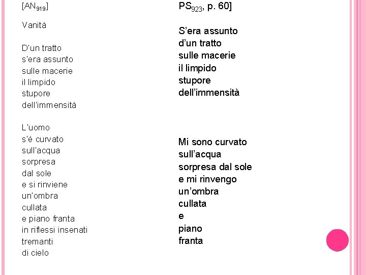 [AN 919] Vanità D’un tratto s’era assunto sulle macerie il limpido stupore dell’immensità L’uomo