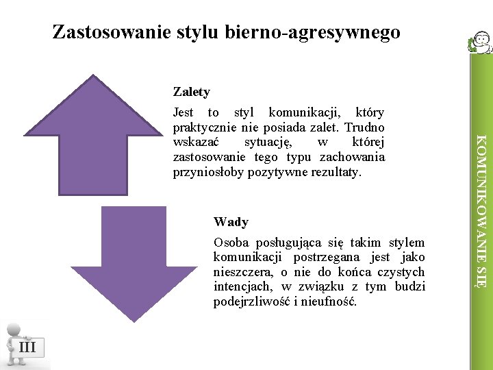 Zastosowanie stylu bierno-agresywnego Wady Osoba posługująca się takim stylem komunikacji postrzegana jest jako nieszczera,