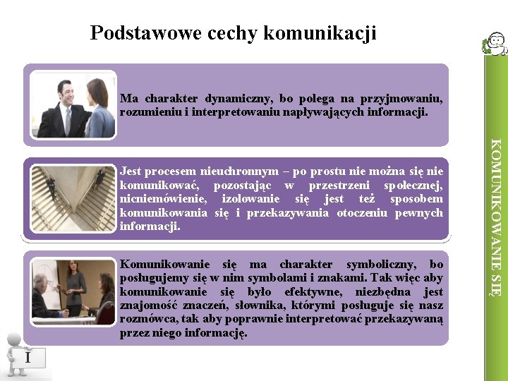 Podstawowe cechy komunikacji Ma charakter dynamiczny, bo polega na przyjmowaniu, rozumieniu i interpretowaniu napływających