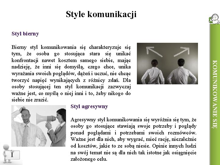 Style komunikacji Styl bierny Styl agresywny I Agresywny styl komunikowania się wyróżnia się tym,