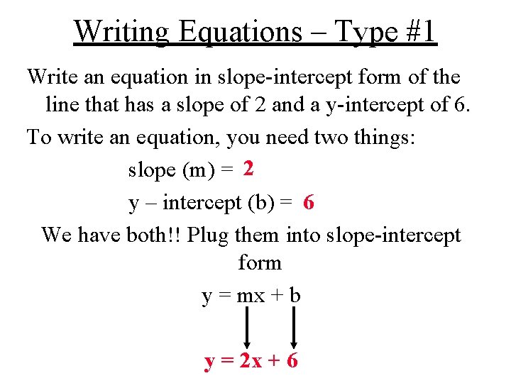 Writing Equations – Type #1 Write an equation in slope-intercept form of the line