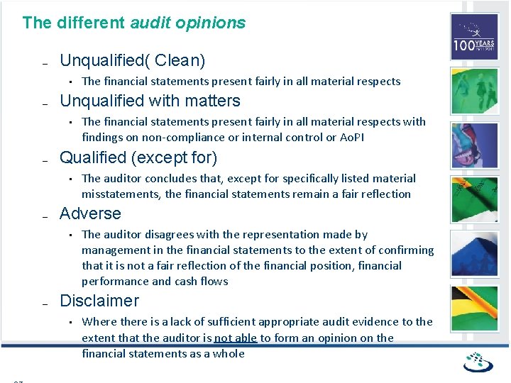 The different audit opinions – Unqualified( Clean) • – Unqualified with matters • –