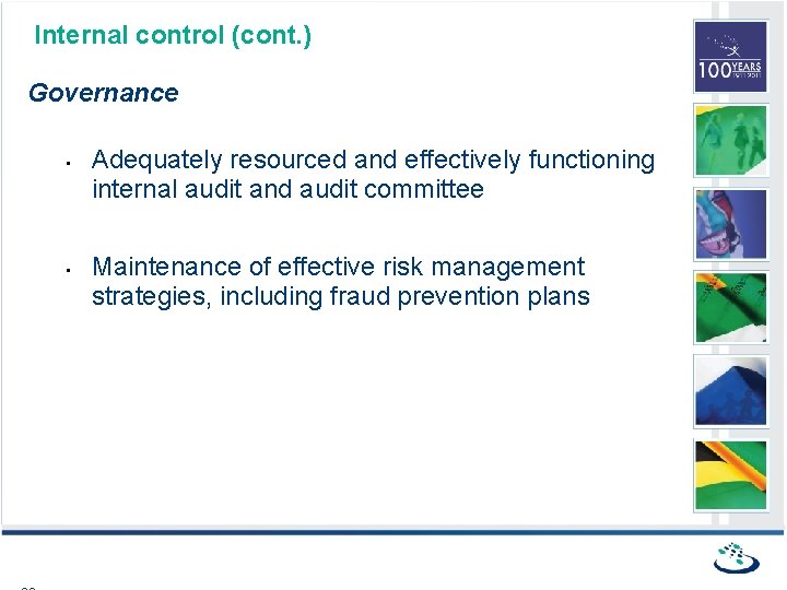 Internal control (cont. ) Governance • • Adequately resourced and effectively functioning internal audit