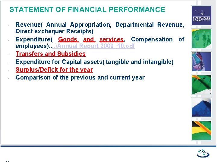 STATEMENT OF FINANCIAL PERFORMANCE • • • Revenue( Annual Appropriation, Departmental Revenue, Direct exchequer