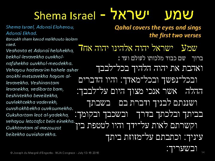 Shema Israel Qahal covers the eyes and sings the first two verses Shema Israel,