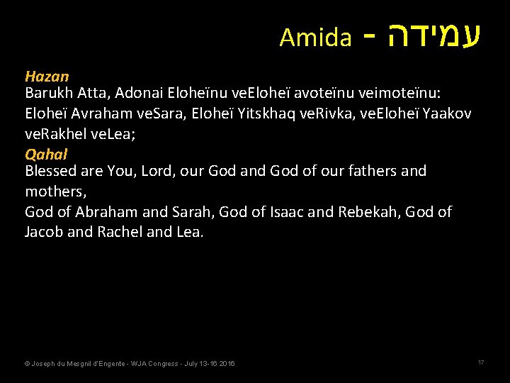 Amida - עמידה Hazan Barukh Atta, Adonai Eloheïnu ve. Eloheï avoteïnu veimoteïnu: Eloheï Avraham