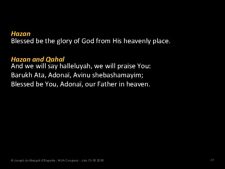 Hazan Blessed be the glory of God from His heavenly place. Hazan and Qahal