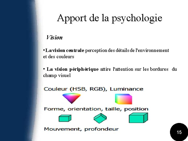 Apport de la psychologie Vision • La vision centrale perception des détails de l'environnement