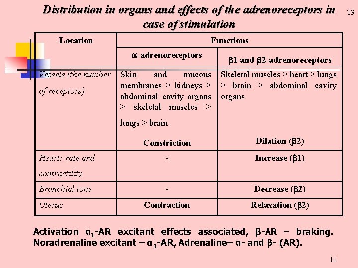 Distribution in organs and effects of the adrenoreceptors in case of stimulation Location Functions