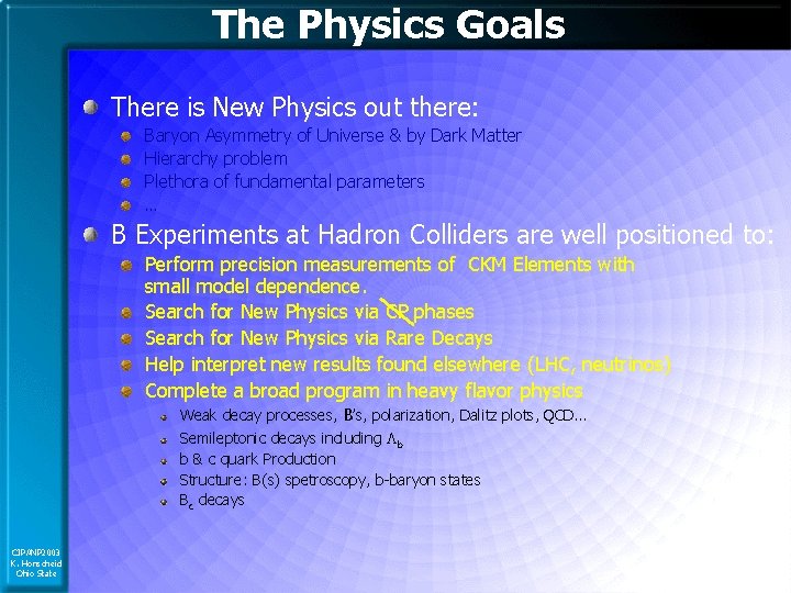 The Physics Goals There is New Physics out there: Baryon Asymmetry of Universe &