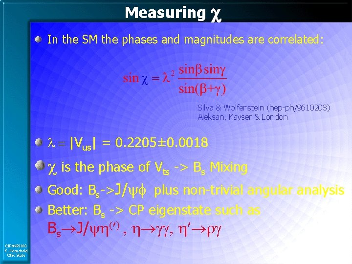 Measuring c In the SM the phases and magnitudes are correlated: Silva & Wolfenstein