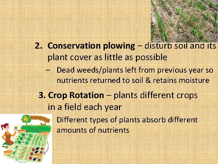 2. Conservation plowing – disturb soil and its plant cover as little as possible