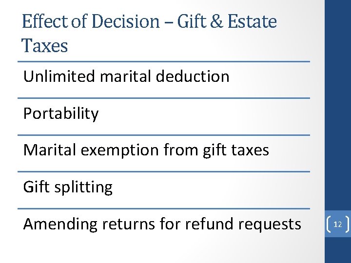 Effect of Decision – Gift & Estate Taxes Unlimited marital deduction Portability Marital exemption