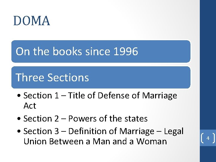 DOMA On the books since 1996 Three Sections • Section 1 – Title of