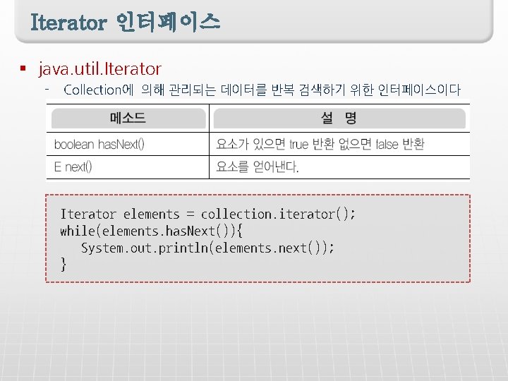 Iterator 인터페이스 § java. util. Iterator - Collection에 의해 관리되는 데이터를 반복 검색하기 위한