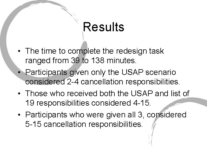 Results • The time to complete the redesign task ranged from 39 to 138