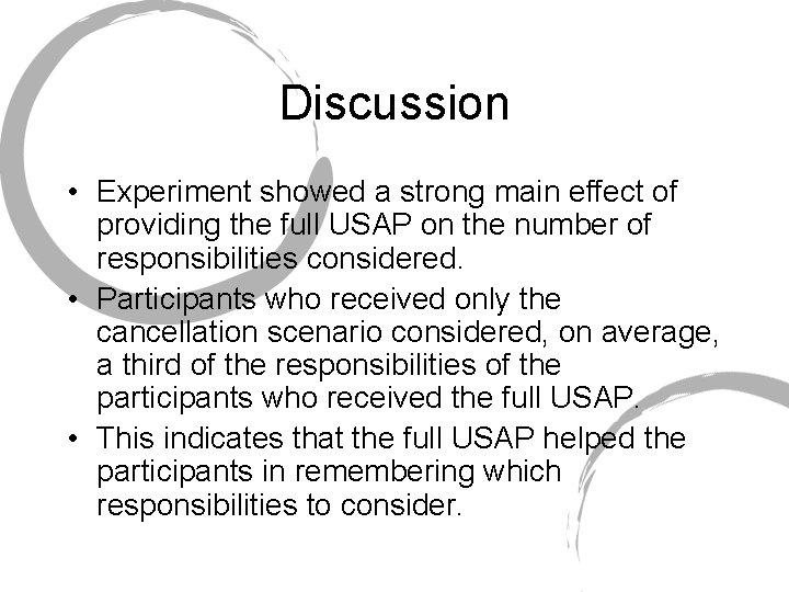Discussion • Experiment showed a strong main effect of providing the full USAP on