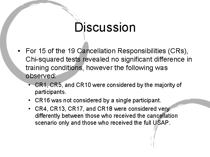 Discussion • For 15 of the 19 Cancellation Responsibilities (CRs), Chi-squared tests revealed no