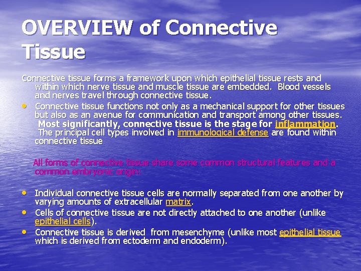 OVERVIEW of Connective Tissue Connective tissue forms a framework upon which epithelial tissue rests