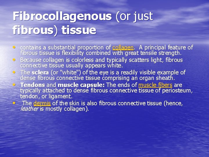 Fibrocollagenous (or just fibrous) tissue • contains a substantial proportion of collagen. A principal