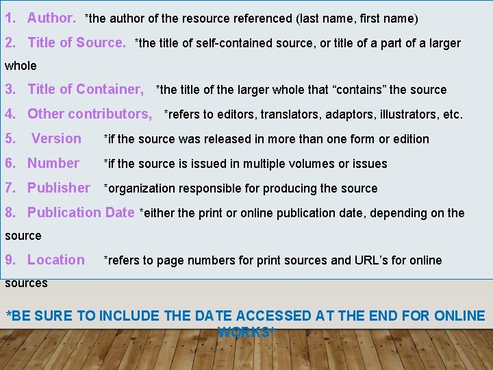 1. Author. *the author of the resource referenced (last name, first name) 2. Title 1. Author. *the author of the resource referenced (last name, first name) 2. Title