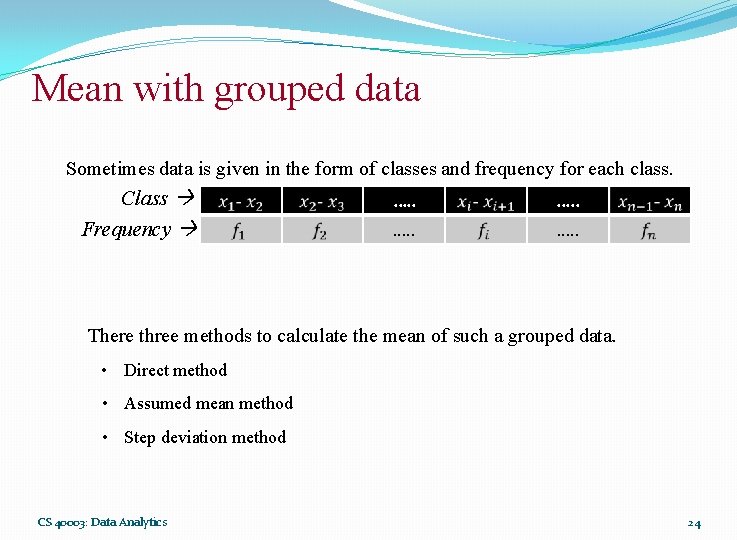 Mean with grouped data Sometimes data is given in the form of classes and