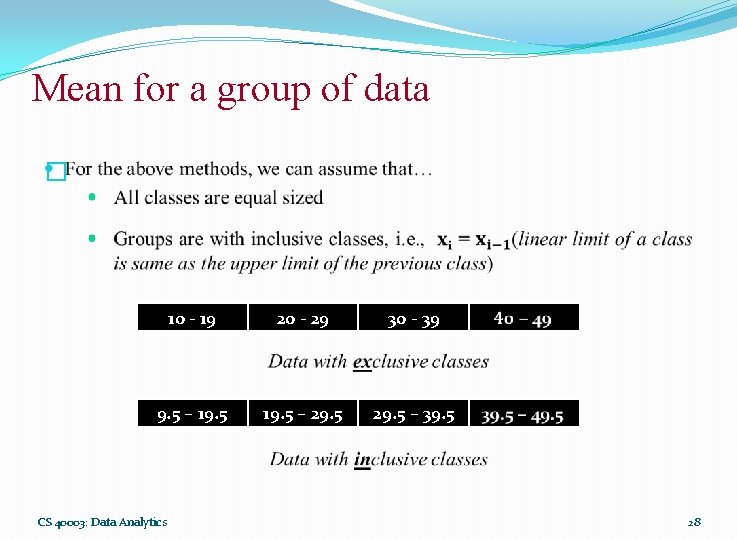 Mean for a group of data � 10 - 19 20 - 29 30